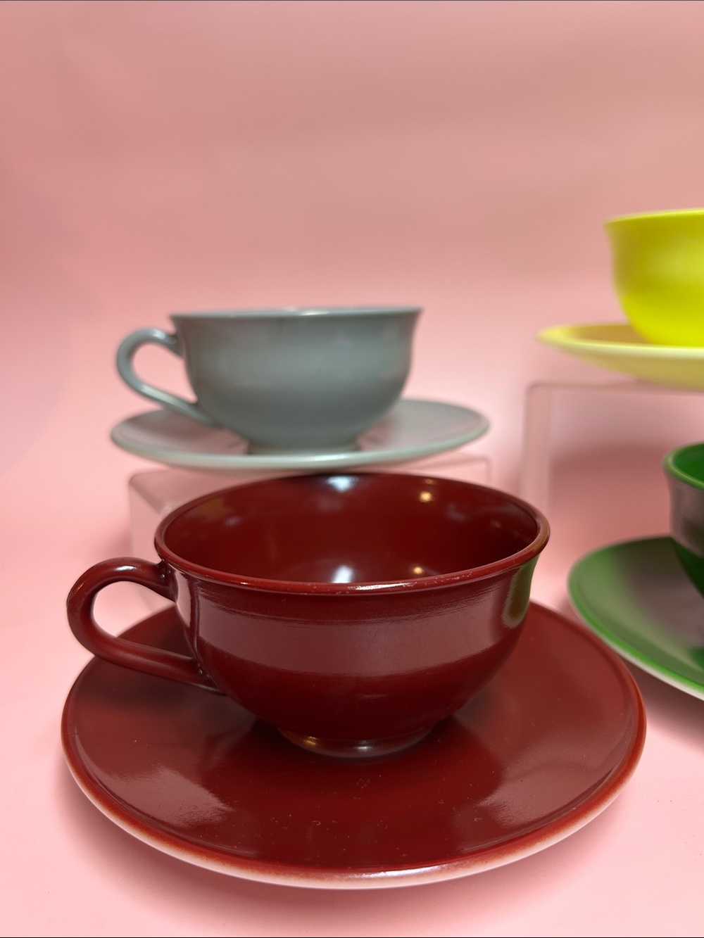 Vintage Hazel Atlas Milk Glass Ovide Platonite Set of 4 Cups & Saucers 
Colorful - Picture 2 of 5